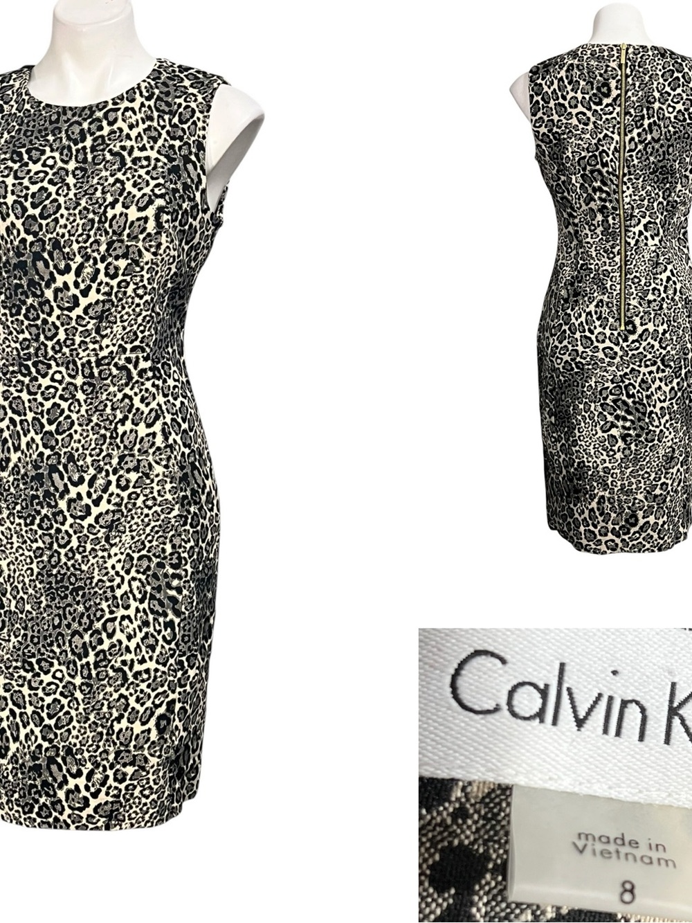 Calvin Klein dress sz‎ 8 Black/Cream Leopard Print Sheath stretch office church